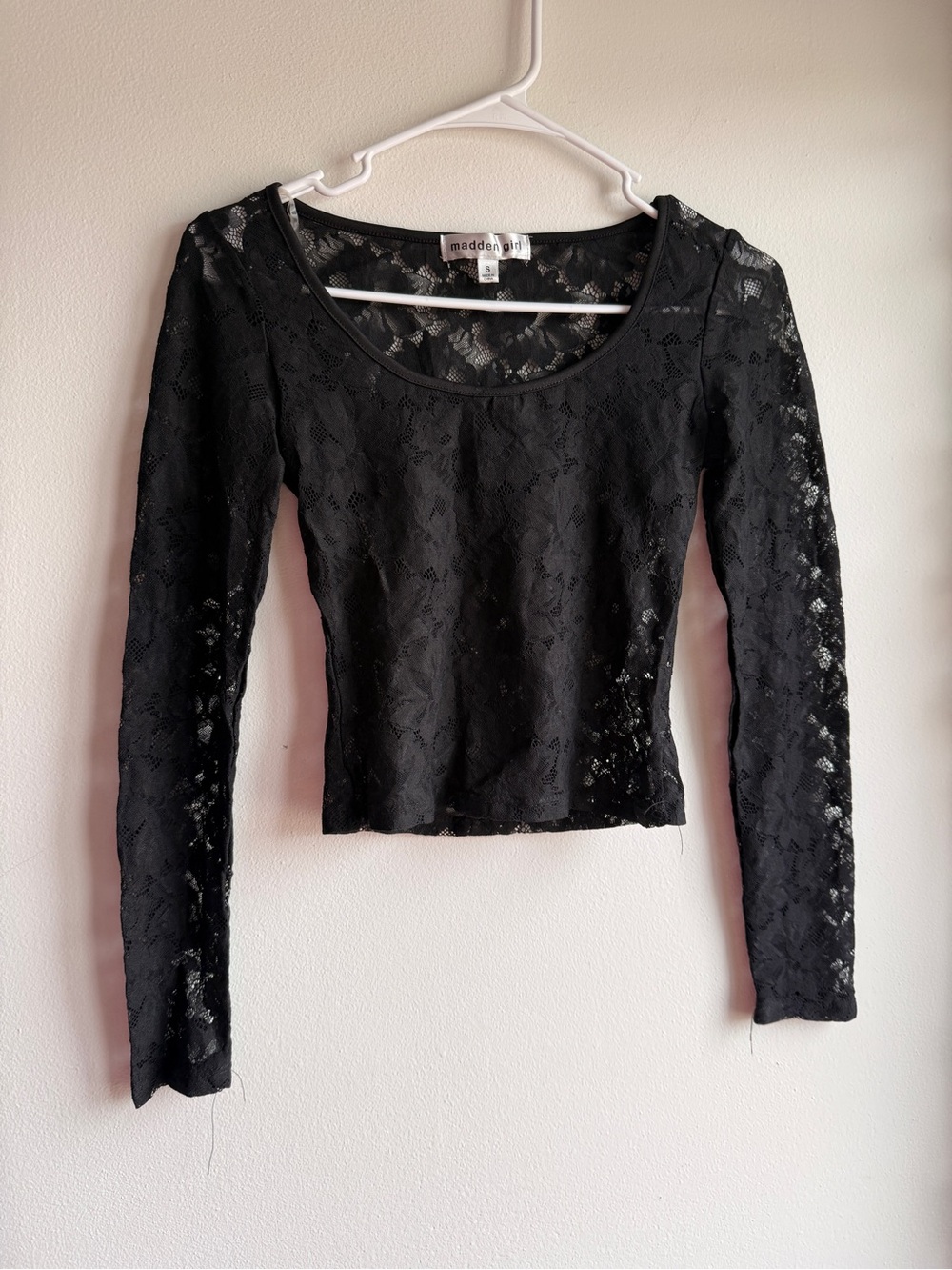 Y2K Madden Girl Black Floral Lace Sheer Long Sleeve Scoop Neck Top S
